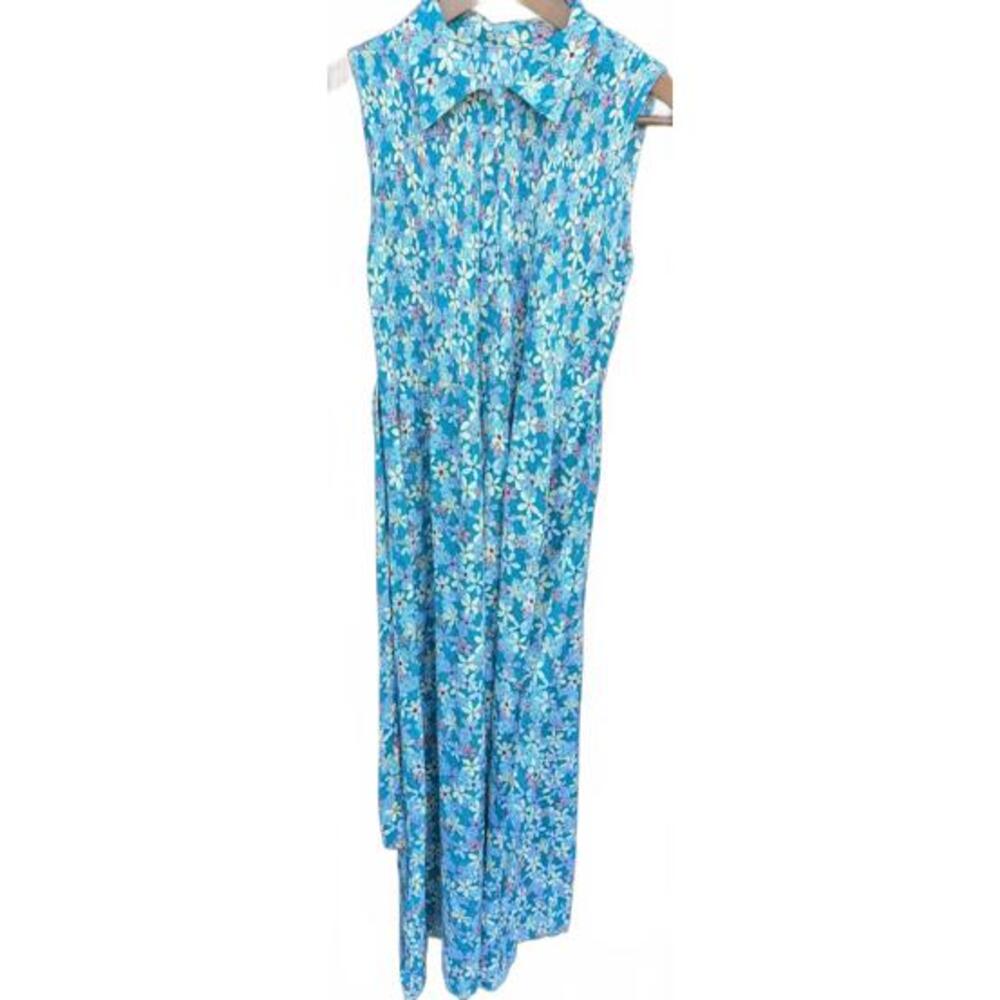 Smocked Teal Multicolored Floral Boho Hippie Sleeveless Collared Maxi Dress